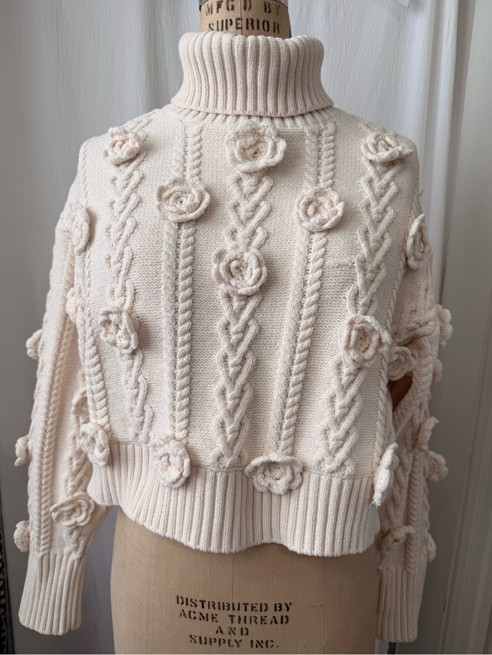 For Love & Lemons, Martina, Cozy Chunky Cable Chenille Crop Turtleneck, sz S